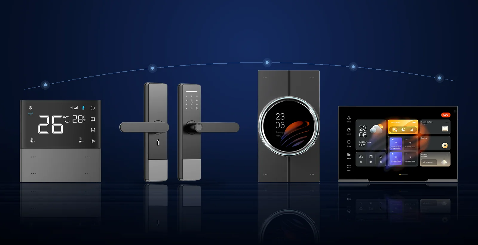 In-room smart automation panel controlling lighting climate and curtains